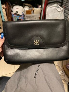 Balenciaga Black Leather Clutch Bag with Gold Hardware